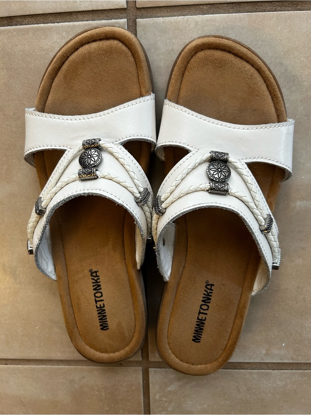 Minnetonka White Braided Decorative Slide Sandals